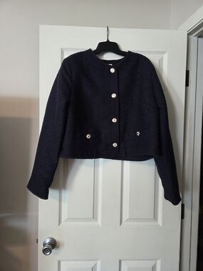 Women's Navy Cropped Button-Front Jacket